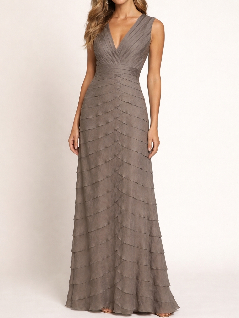 EUC Adrianna Papell Brown Layered V-Neck Maxi Dress Sz 16